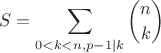 $$S=\sum_{0< k< n, p-1|k} \binom{n}{k}$$