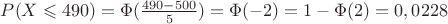 $P(X \leqslant 490) = \Phi(\frac{490-500}{5}) = \Phi(-2) = 1 - \Phi(2)= 0,0228$