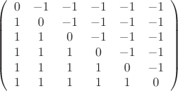 \[
\left( {\begin{array}{*{20}c}
   0 & { - 1} & { - 1} & { - 1} & { - 1} & { - 1}  \\
   1 & 0 & { - 1} & { - 1} & { - 1} & { - 1}  \\
   1 & 1 & 0 & { - 1} & { - 1} & { - 1}  \\
   1 & 1 & 1 & 0 & { - 1} & { - 1}  \\
   1 & 1 & 1 & 1 & 0 & { - 1}  \\
   1 & 1 & 1 & 1 & 1 & 0  \\
\end{array}} \right)
\]