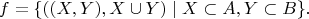$$f = \{((X,Y),X\cup Y) \mid X\subset A, Y\subset B \}.$$
