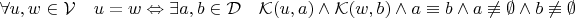 $\forall u, w \in \mathcal V \quad u = w \Leftrightarrow \exists a, b \in \mathcal D \quad \mathcal K(u, a) \wedge \mathcal K(w, b) \wedge a \equiv b \wedge a \not\equiv \emptyset \wedge b \not\equiv \emptyset$