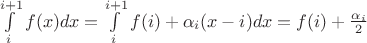 $\int\limits_i^{i+1}{f(x)dx}=\int\limits_i^{i+1}{f(i)+\alpha_i(x-i)dx}=f(i)+\frac{\alpha_i}{2}$