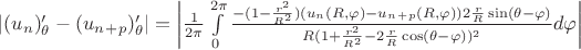 $ \left\lvert (u_n)'_\theta-(u_n_+_p)'_\theta \right\rvert = \left\lvert \frac{1}{2\pi}\int\limits_{0}^{2\pi}\frac{-(1-\frac{r^2}{R^2})(u_n(R, \varphi)-u_n_+_p(R, \varphi))2\frac{r}{R}\sin(\theta-\varphi)}{R(1+\frac{r^2}{R^2}-2\frac{r}{R}\cos(\theta-\varphi))^2}d\varphi \right\rvert  $