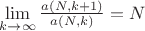$\lim\limits_{k\to\infty}\frac{a(N,k+1)}{a(N,k)}=N$
