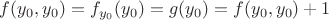 $f(y_0,y_0) = f_{y_0}(y_0) = g(y_0) = f(y_0,y_0)+1$