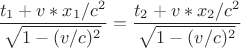 $$\frac{t_1+v*x_1/c^2}{\sqrt{1-(v/c)^2}}=\frac{t_2+v*x_2/c^2}{\sqrt{1-(v/c)^2}}$$