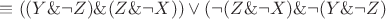 $\[ \equiv ((Y\& \neg Z)\& (Z\& \neg X)) \vee (\neg (Z\& \neg X)\& \neg (Y\& \neg Z)\]$