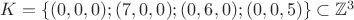 $K=\{(0,0,0);(7,0,0);(0,6,0);(0,0,5)\}\subset\mathbb Z^3$