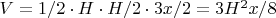 $V=1/2\cdot H\cdot H/2\cdot 3x/2 = 3H^2x/8$