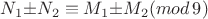 $N_1{\pm}N_2\equiv M_1{\pm}M_2(mod\,9)$