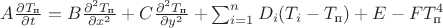 $A\frac{\partial T_{\text{п}}}{\partial t}=B\frac{\partial^2 T_{\text{п}}}{\partial x^2}+C\frac{\partial^2 T_{\text{п}}}{\partial y^2}+\sum^{n}_{i=1}D_i(T_i-T_{\text{п}})+E-FT^4_{\text{п}}$