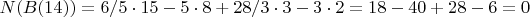 $N(B(14))=6/5\cdot 15-5\cdot 8+28/3\cdot 3-3\cdot 2=18-40+28-6=0
$