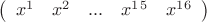 $ \left( \begin{array}{ccccccccccccccccccc} x^1&x^2&...&x^1^5&x^1^6 \end{array} \right) $