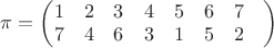 $\pi = \begin{pmatrix}
 1&  2& 3& 4& 5& 6& 7& \\
 7&  4& 6& 3& 1& 5& 2& \\
\end{pmatrix}$