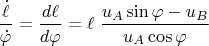 $\dfrac{\dot{\ell}}{\dot{\varphi}}=\dfrac{d\ell}{d\varphi}=\ell\;\dfrac{u_A\sin \varphi -u_B}{u_A\cos \varphi }$