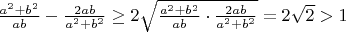$\frac{a^2+b^2}{ab}-\frac{2ab}{a^2+b^2}\ge 2\sqrt{\frac{a^2+b^2}{ab}\cdot \frac{2ab}{a^2+b^2}}=2\sqrt2>1$