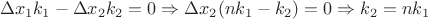 $$\Delta x_1 k_1-\Delta x_2 k_2 = 0 \Rightarrow \Delta x_2 (n k_1 - k_2)=0 \Rightarrow k_2=n k_1$$