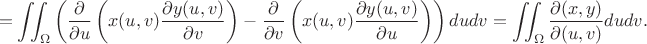 $$
=\iint_\Omega\left(\frac{\partial }{\partial u}\left(x(u,v)\frac{\partial y(u,v)}{\partial v}\right)-\frac{\partial }{\partial v}\left(x(u,v)\frac{\partial y(u,v)}{\partial u}\right)\right)dudv=\iint_\Omega \frac{\partial(x,y)}{\partial(u,v)}dudv.
$$