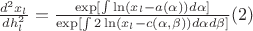 $\frac{d^2 x_l}{dh_l^2}=\frac{\exp[\int \ln(x_l-a(\alpha))d\alpha]}{\exp[\int 2\ln(x_l-c(\alpha,\beta))d\alpha d\beta]}\eqno(2)$