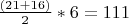 $ \frac{ (21+16)}{2}*6=111 $
