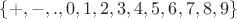 $\left\lbrace+, -, . , 0, 1, 2, 3, 4, 5, 6, 7, 8, 9\right\rbrace$