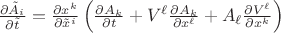 $\frac{\partial \tilde A_i}{\partial \tilde t}=\frac{\partial x^k}{\partial \tilde x^i}\left(\frac{\partial A_k}{\partial t}+V^\ell\frac{\partial A_k}{\partial x^\ell}+A_\ell\frac{\partial V^\ell}{\partial x^k}\right)$