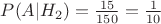 $P(A|H_2)=\frac{15}{150} =\frac{1}{10} $ $P(A|H_2)=\frac{15}{150} =\frac{1}{10} $