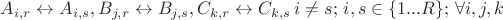 $ A_{i,r} \leftrightarrow A_{i,s}, B_{j,r} \leftrightarrow B_{j,s}, C_{k,r} \leftrightarrow C_{k,s} \, i \ne s; \, i, s \in \{ 1 ... R \}; \, \forall i,j,k $