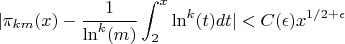 $$|\pi_{km}(x)-\frac{1}{\ln^k(m)} \int_2^x \ln^k(t)dt|<C(\epsilon)x^{1/2 +\epsilon}$$