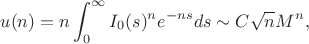 $$u(n) = n\int_0^\infty I_0(s)^n e^{-n s} ds \sim  C\sqrt{n}M^n,
$$
