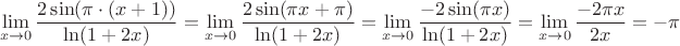$$\lim\limits_{x \to 0} \frac{2 \sin(\pi \cdot (x+1))}{\ln(1+2x)} = \lim\limits_{x \to 0} \frac{2 \sin(\pi x + \pi)}{\ln(1+2x)} = \lim\limits_{x \to 0} \frac{-2 \sin(\pi x)}{\ln(1+2x)} = \lim\limits_{x \to 0} \frac{-2 \pi x}{2x} = - \pi$$