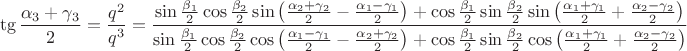 $$
\tg \frac{\alpha_3 + \gamma_3}{2} = \frac{q^2}{q^3} = \frac{\sin \frac{\beta_1}{2} \cos \frac{\beta_2}{2} \sin \left( \frac{\alpha_2 + \gamma_2}{2} - \frac{\alpha_1 - \gamma_1}{2} \right) + \cos \frac{\beta_1}{2} \sin \frac{\beta_2}{2} \sin \left( \frac{\alpha_1 + \gamma_1}{2} + \frac{\alpha_2 - \gamma_2}{2} \right)}{\sin \frac{\beta_1}{2} \cos \frac{\beta_2}{2} \cos \left( \frac{\alpha_1 - \gamma_1}{2} - \frac{\alpha_2 + \gamma_2}{2} \right) + \cos \frac{\beta_1}{2} \sin \frac{\beta_2}{2} \cos \left( \frac{\alpha_1 + \gamma_1}{2} + \frac{\alpha_2 - \gamma_2}{2} \right)}
$$
