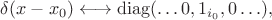 $\delta(x-x_0)\longleftrightarrow\operatorname{diag}(\ldots0,1_{i_0},0\ldots),$