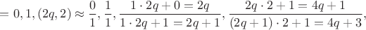 $=0,1,(2q,2) \approx \dfrac{0}{1},\dfrac{1}{1},\dfrac{1\cdot 2q+0=2q}{1 \cdot 2q+1=2q+1},\dfrac{2q \cdot 2+1=4q+1}{(2q+1) \cdot 2+1=4q+3},$