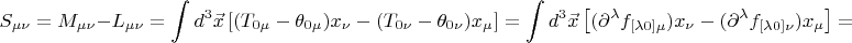 $$S_{\mu\nu}=M_{\mu\nu}-L_{\mu\nu}
=\int d^3\vec{x}\left[(T_{0\mu}-\theta_{0\mu})x_\nu-(T_{0\nu}-\theta_{0\nu})x_\mu\right]
=\int d^3\vec{x}\left[(\partial^\lambda f_{[\lambda0]\mu})x_\nu-(\partial^\lambda f_{[\lambda0]\nu})x_\mu\right]
=
$$