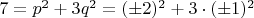 $7=p^2+3q^2=(\pm2)^2+3\cdot(\pm1)^2$