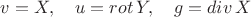$v=X,\quad u=rot\, Y,\quad g=div\, X$