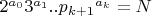 $2^{a_0}3^{a_1}..{p_{k+1}}^{a_k}=N$
