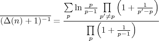 $$\overline{ (\Delta(n)+1)^{-1}}=\frac{\sum\limits_{p}\ln{\frac{p}{p-1}}\prod\limits_{p'\ne p}\left(1+\frac{1}{p'-p}\right)}{\prod\limits_{p}\left(1+\frac{1}{p-1}\right)}$$