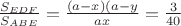 $\frac{S_{EDF}}{S_{ABE}}=\frac{(a-x)(a-y}{ax}=\frac3{40}$