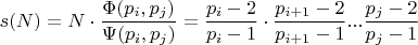$s(N) = N\cdot \dfrac {\Phi (p_i, p_j)}{\Psi (p_i, p_j)} =  \dfrac{p_i-2}{p_i-1}\cdot\dfrac{p_{i+1}-2}{p_{i+1}-1}...\dfrac{p_j-2}{p_j-1} $