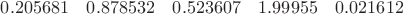 $0.205681 \quad  0.878532  \quad 0.523607 \quad 1.99955  \quad0.021612$