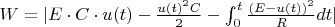 $W=| E \cdot C \cdot u(t) - \frac{u(t)^2 C}{2} -\int_{0}^{t} \frac{ (E - u(t))^2 }{R} dt |$