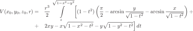 $$
\begin{array}{rl}
V(x_0,y_0,z_0,r)=&\displaystyle\frac{r^3}{2}\int\limits_{z}^{\sqrt{1-x^2-y^2}}\left[(1-t^2)\left(\frac{\pi}{2} -\arcsin\frac{y}{\sqrt{1-t^2}}-\arcsin\frac{x}{\sqrt{1-t^2}}\right) +\right.\\
 +&\displaystyle\left. 2xy-x\sqrt{1-x^2-t^2}-y\sqrt{1-y^2-t^2}\right]dt
\end{array}$$