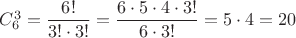 $C_6^3=\dfrac{6!}{3!\cdot 3!}=\dfrac{6\cdot 5\cdot 4\cdot 3!}{6\cdot 3!}=5\cdot 4=20$