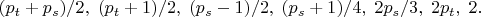 $(p_t+p_s)/2,\;(p_t+1)/2,\;(p_s-1)/2,\;(p_s+1)/4,\;2p_s/3,\;2p_t,\;2.$