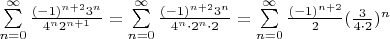 $\sum\limits_{n=0}^{\infty} \frac {{(-1)^{n+2}}{3^n}}{{4^n}{2^{n+1}}}=\sum\limits_{n=0}^{\infty} \frac {{(-1)^{n+2}}{3^n}}{4^n \cdot 2^n \cdot 2}=\sum\limits_{n=0}^{\infty} \frac {(-1)^{n+2}}{2} (\frac {3}{4 \cdot 2})^n$