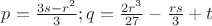 $p=\frac{3s-r^2}{3}; q=\frac{2r^3}{27}-\frac{rs}{3}+t$