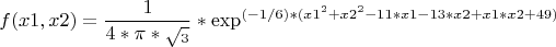 $$f(x1,x2) =\dfrac{1}{4*\pi*\sqrt_3}*\exp^{(-1/6)*(x1^2 + x2^2-11*x1-13*x2 +x1*x2 +49)}$$