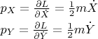 $\begin{array}{l}p_X=\frac{\partial L}{\partial \dot X}=\frac 1 2 m \dot X\\[1ex]p_Y=\frac{\partial L}{\partial \dot Y}=\frac 1 2 m \dot Y\end{array}$
